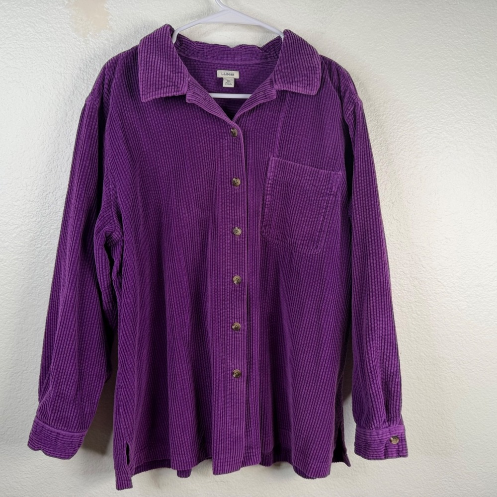 VTG LL Bean Women's Top Corduroy Button Up Wide Whale Purple Sz XL